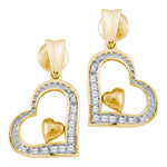 10k Yellow Gold Round Diamond Heart Love Dangle Screwback Stud Earrings 1/10 Cttw