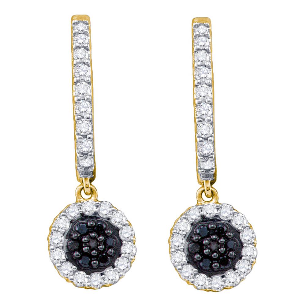 10k Yellow Gold Black Color Enhanced Diamond Womens Hoop Flower Cluster Dangle Earrings 1/2 Cttw