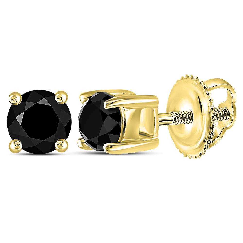 14kt Yellow Gold Unisex Round Black Color Enhanced Diamond Solitaire Stud Earrings 1/2 Cttw