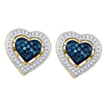 10kt Yellow Gold Womens Round Blue Color Enhanced Diamond Heart Love Screwback Earrings 3/8 Cttw