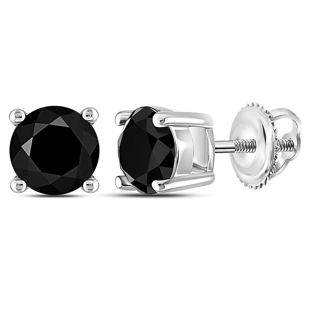 14kt White Gold Unisex Round Black Color Enhanced Diamond Solitaire Screwback Stud Earrings 1-1/2 Cttw