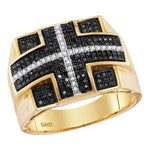 10kt Yellow Gold Mens Round Black Color Enhanced Diamond Cross Stripe Square Cluster Ring 5/8 Cttw