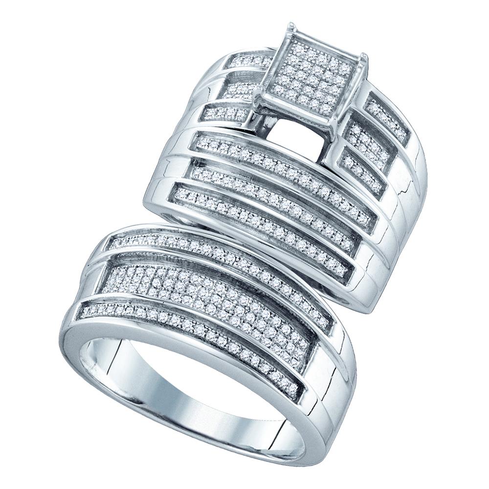 Sterling Silver His & Hers Round Diamond Cluster Matching Bridal Wedding Ring Band Set 1/2 Cttw
