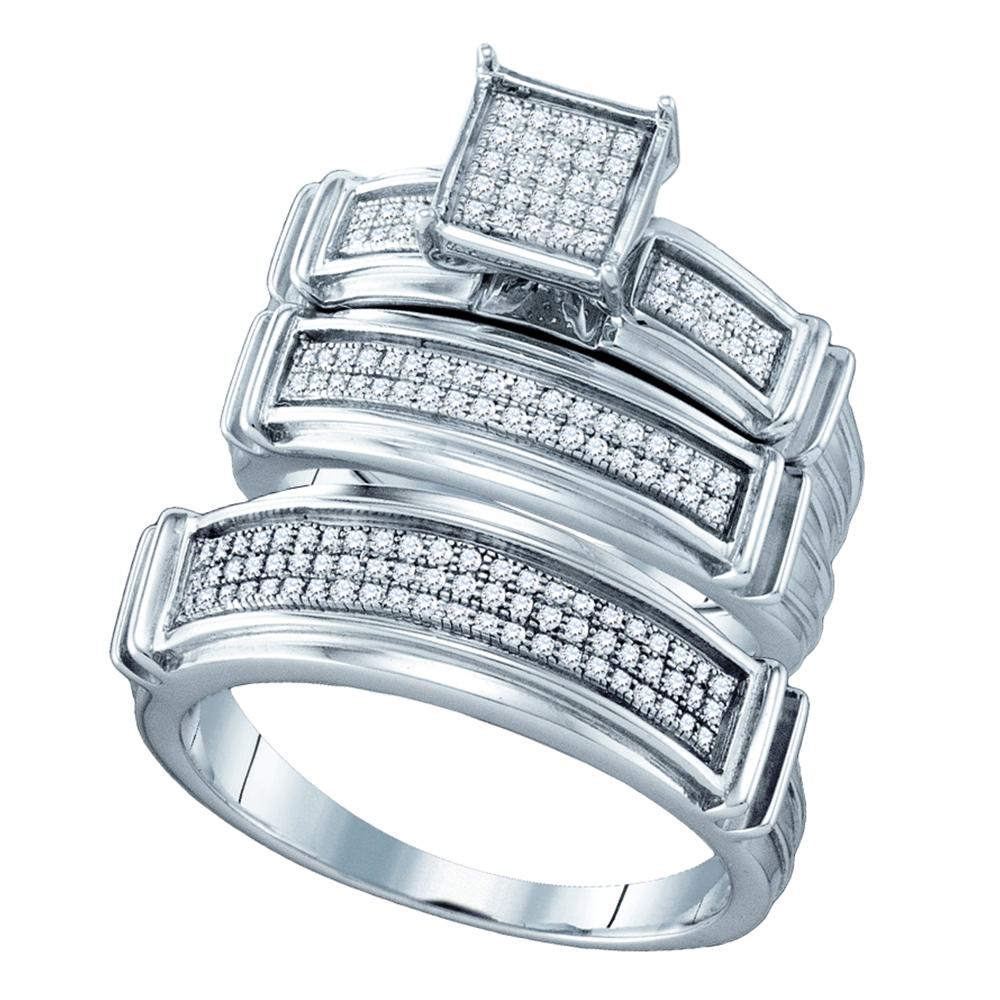 Sterling Silver His & Hers Round Diamond Cluster Matching Bridal Wedding Ring Band Set 3/8 Cttw