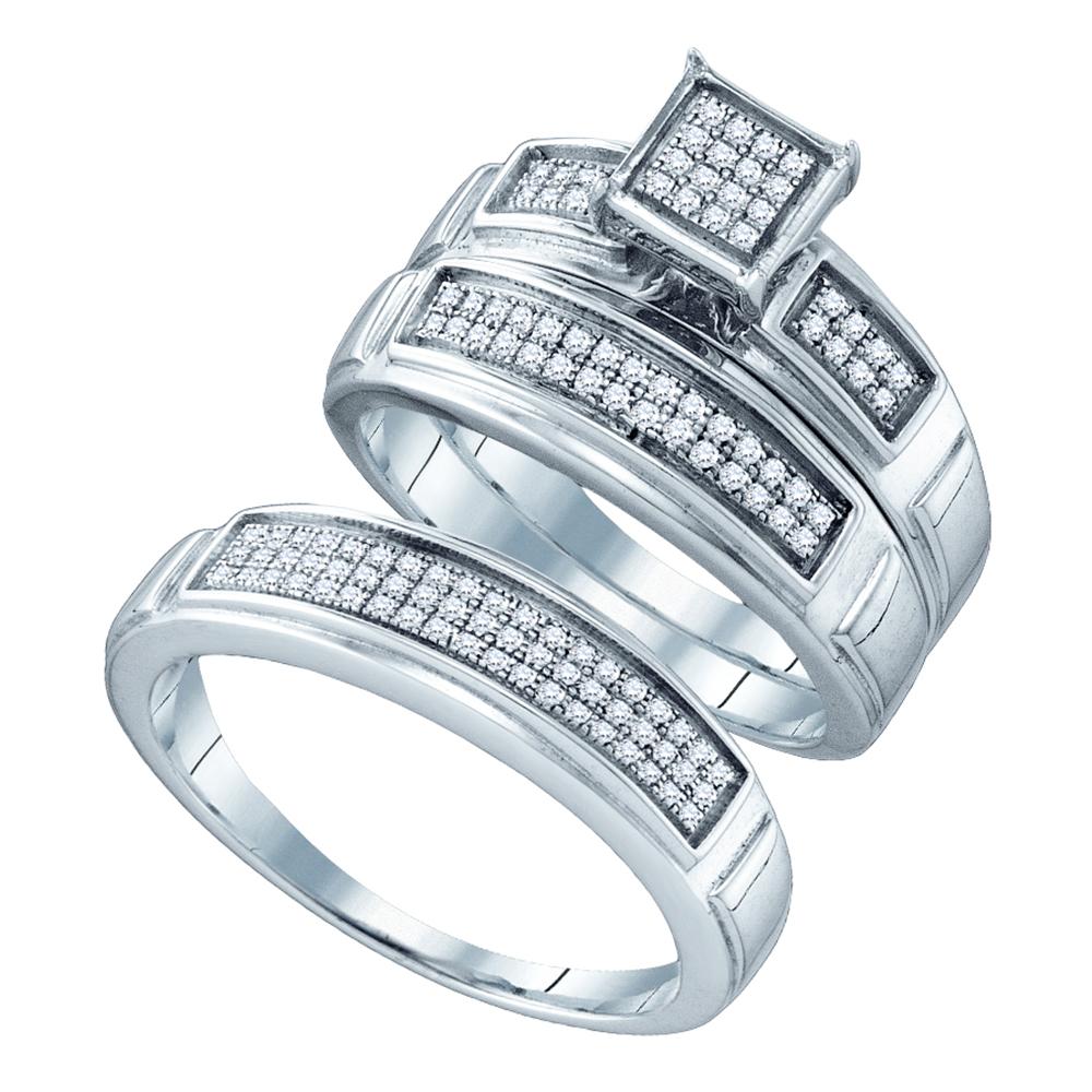 Sterling Silver His & Hers Round Diamond Cluster Matching Bridal Wedding Ring Band Set 1/3 Cttw
