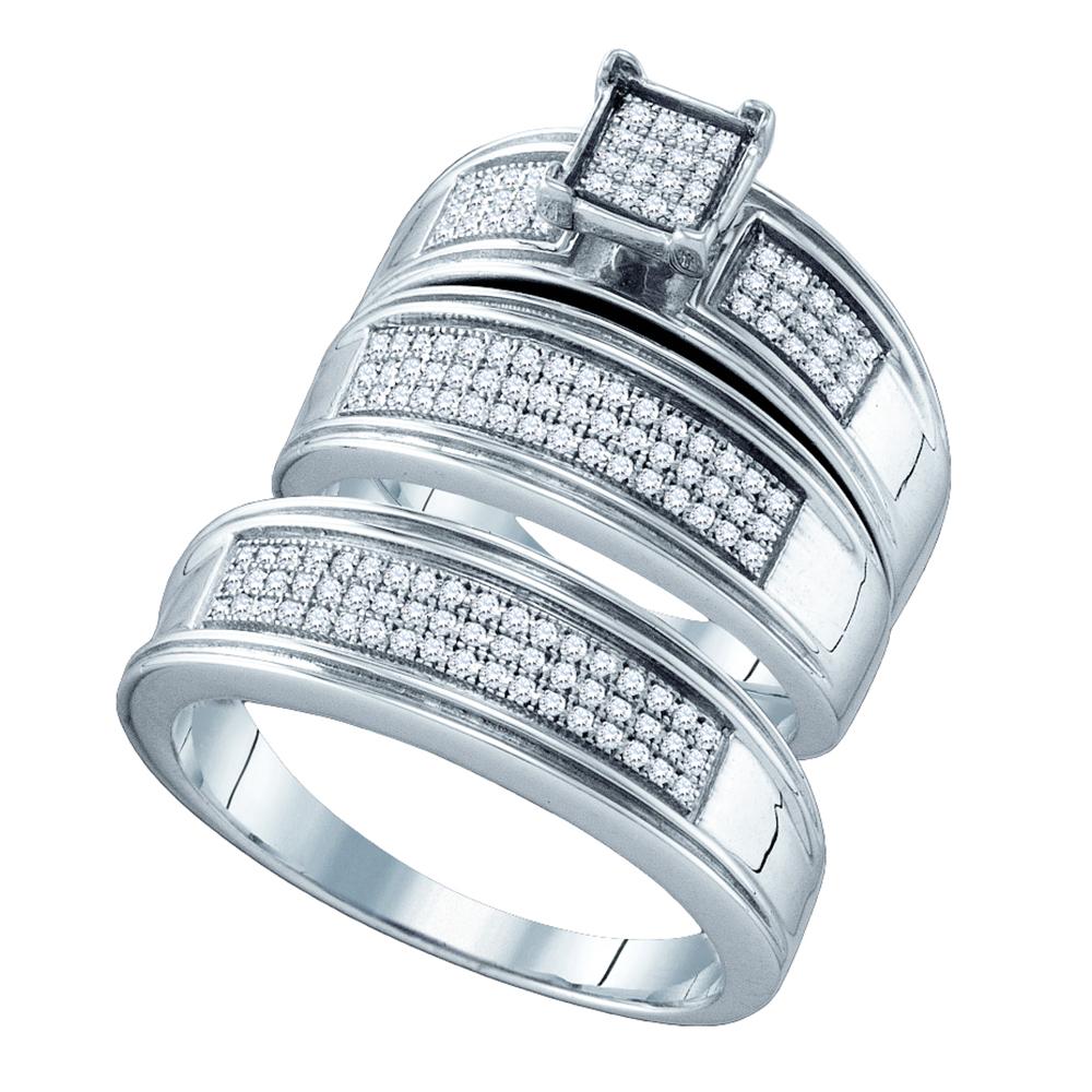 Sterling Silver His & Hers Round Diamond Cluster Matching Bridal Wedding Ring Band Set 3/8 Cttw