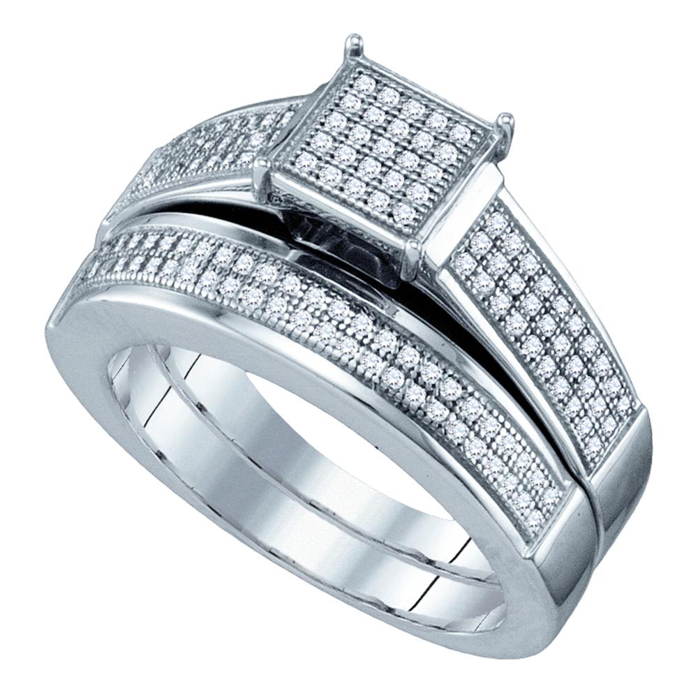 Sterling Silver Womens Diamond Square Cluster Bridal Wedding Engagement Ring Band Set 3/8 Cttw
