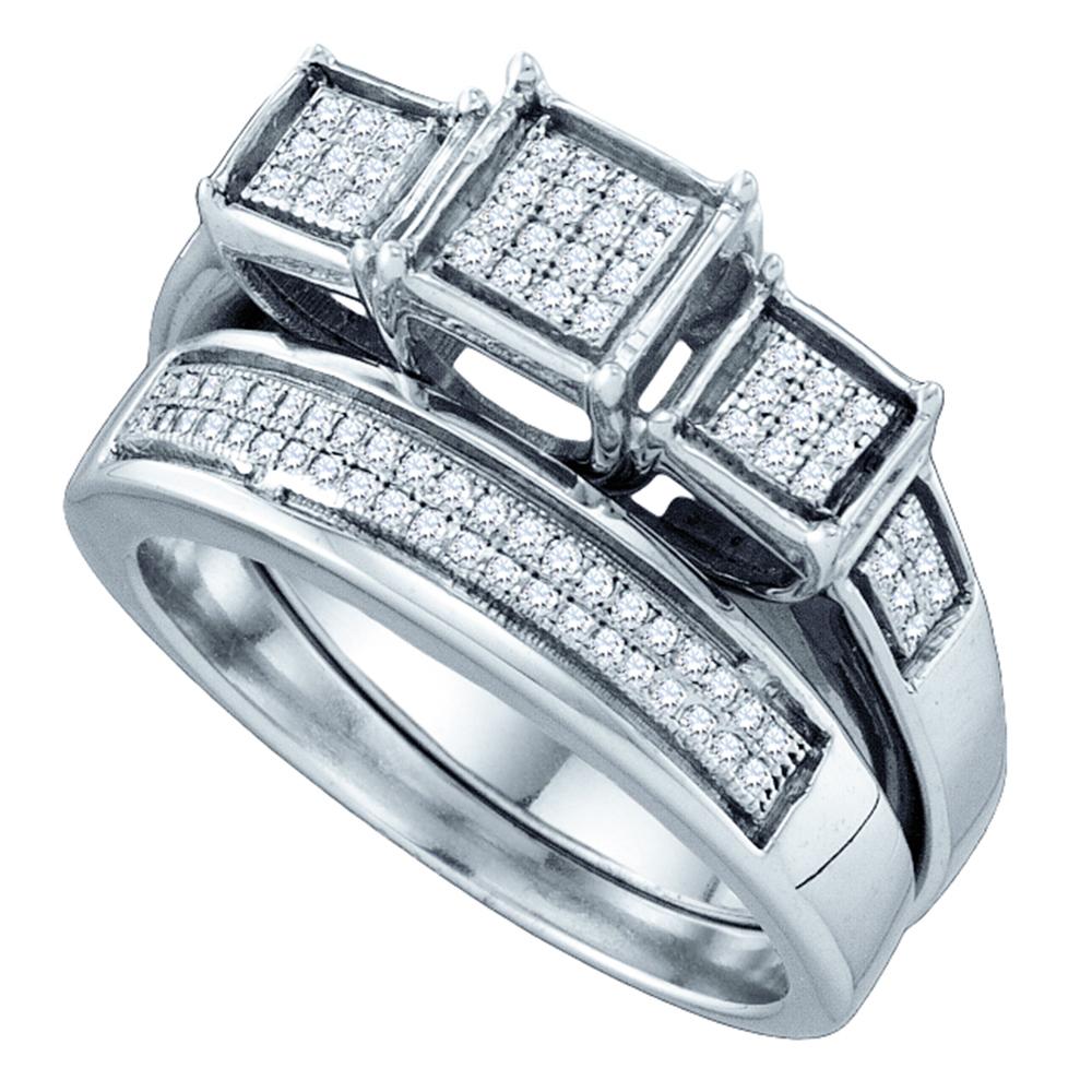 Sterling Silver Womens Diamond Triple Cluster Bridal Wedding Engagement Ring Band Set 1/4 Cttw