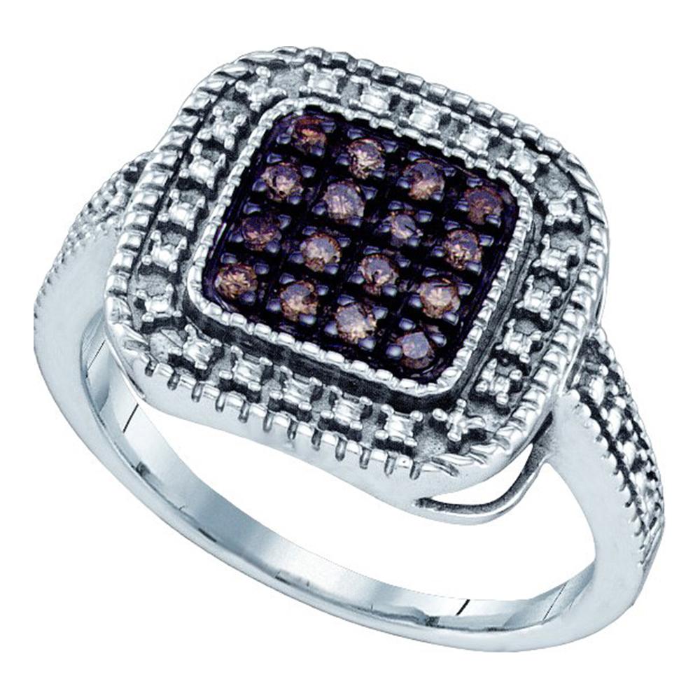 Sterling Silver Womens Round Cognac-brown Color Enhanced Diamond Framed Cluster Ring 1/5 Cttw