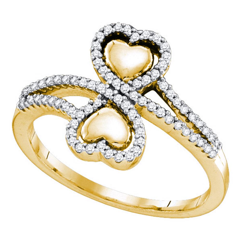 10kt Yellow Gold Womens Round Diamond Double Heart Bypass Ring 1/4 Cttw