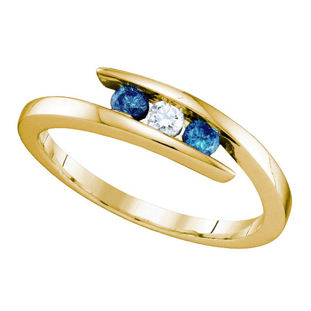 10kt Yellow Gold Womens Round Blue Color Enhanced Diamond 3-stone Ring 1/4 Cttw