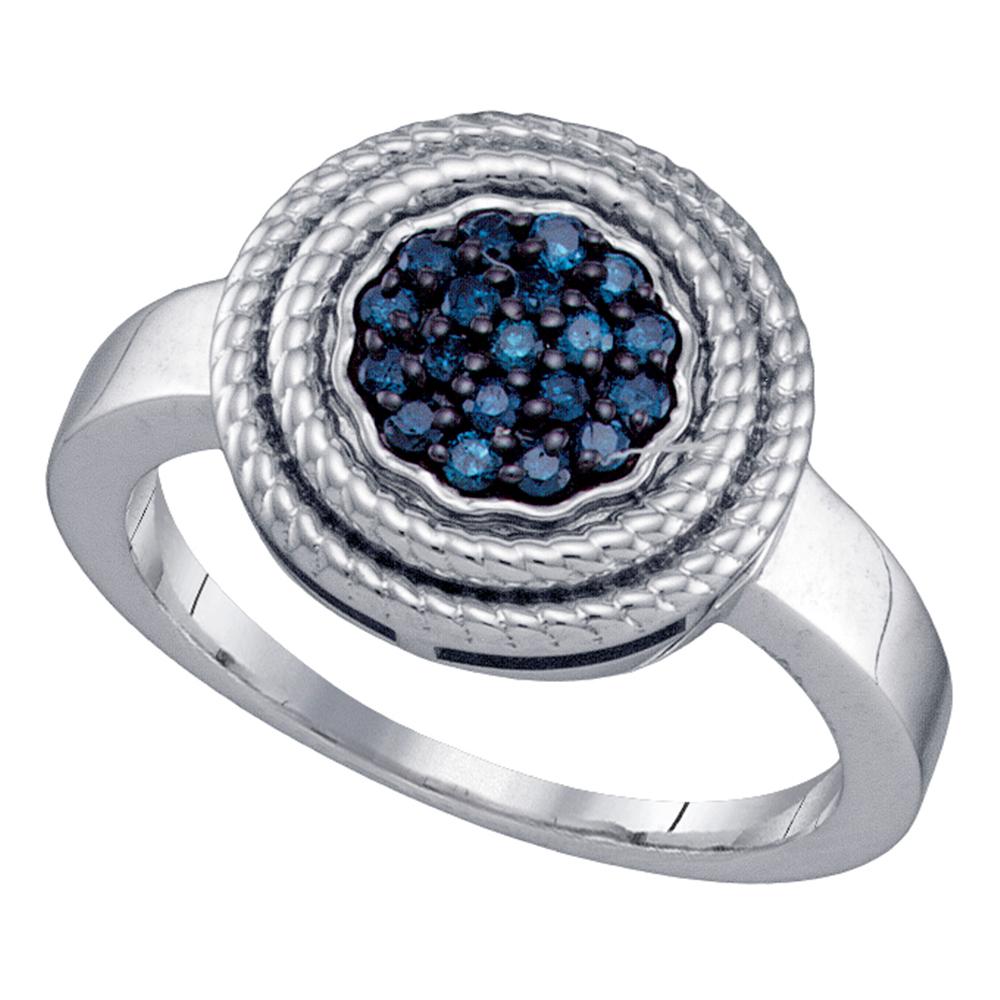 Sterling Silver Womens Round Blue Color Enhanced Diamond Concentric Milgrain Cluster Ring 1/4 Cttw