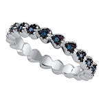 Sterling Silver Womens Round Blue Color Enhanced Diamond Single Row Heart Band 1/4 Cttw