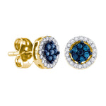10k Yellow Gold Womens Round Blue Color Enhanced Diamond Cluster Stud Screwback Earrings 1/4 Cttw