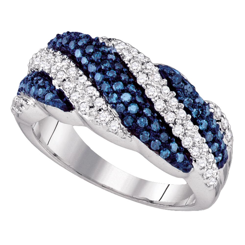 10kt White Gold Womens Round Blue Color Enhanced Diamond Striped Band Ring 7/8 Cttw