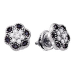 10k White Gold Black Color Enhanced Diamond Womens Flower Cluster Stud Earrings 1/4 Cttw