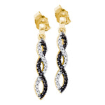 14kt Yellow Gold Womens Round Black Color Enhanced Diamond Infinity Dangle Earrings 1/6 Cttw