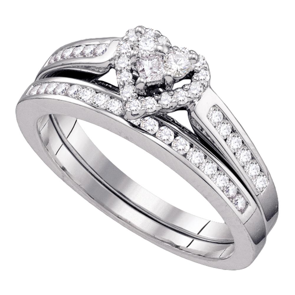 10kt White Gold Womens Diamond Heart Bridal Wedding Engagement Ring Band Set 1/2 Cttw