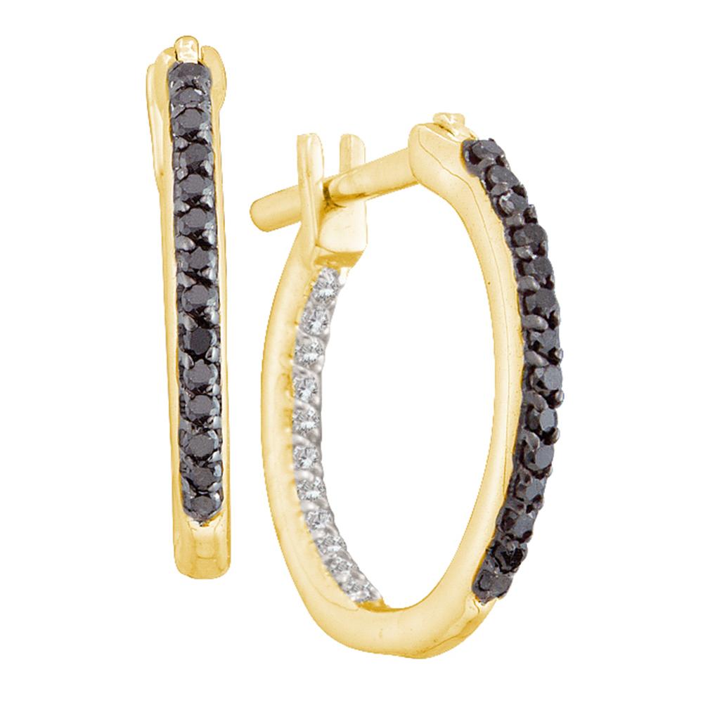 10k Yellow Gold Black Color Enhanced Diamond Womens Inside-Outside In Out Hoop Earrings 1/4 Cttw
