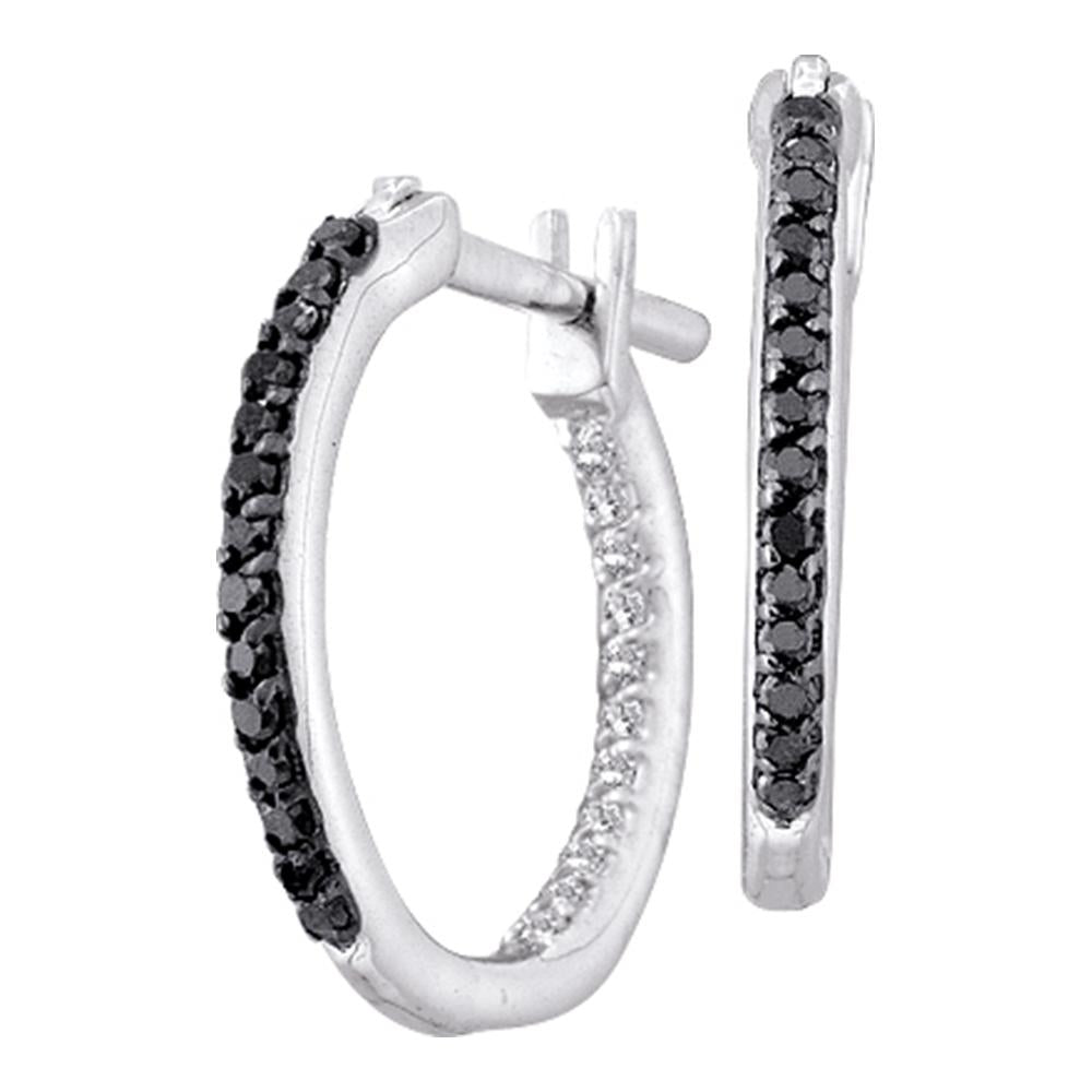 10kt White Gold Womens Round Black Color Enhanced Diamond Hoop Earrings 1/4 Cttw