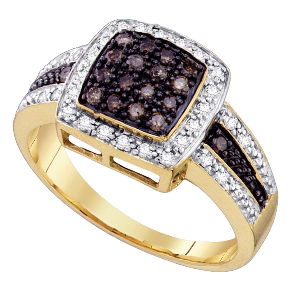 10kt Yellow Gold Womens Round Cognac-brown Color Enhanced Diamond Square Cluster Ring 1/2 Cttw