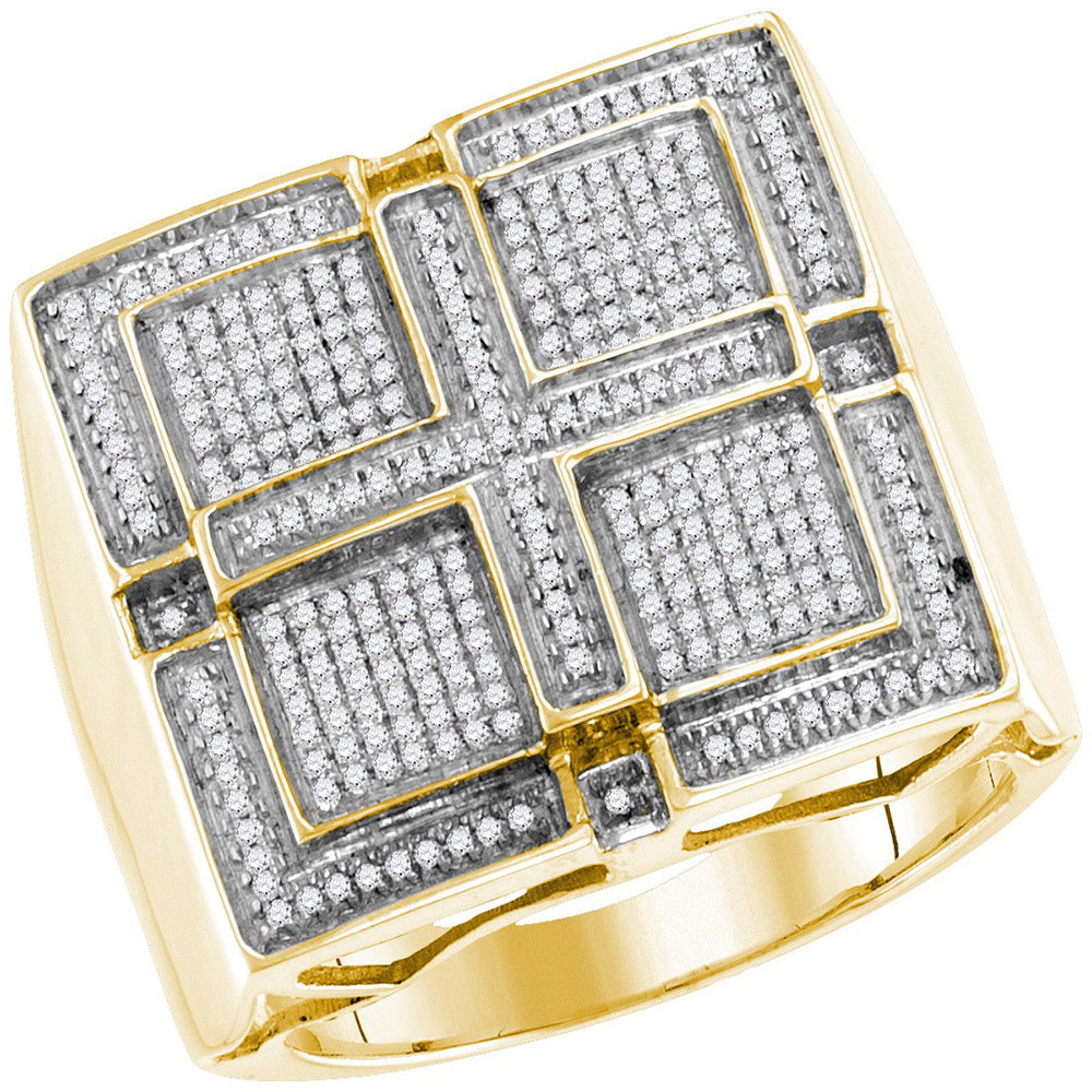 10kt Yellow Gold Mens Round Pave-set Diamond Square Cross Cluster Ring 1/2 Cttw