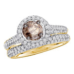 14kt Yellow Gold Womens Round Cognac-brown Color Enhanced Diamond Bridal Wedding Engagement Set 1-1/4 Cttw