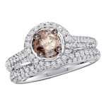 14kt White Gold Womens Round Cognac-brown Color Enhanced Diamond Bridal Wedding Engagement Ring Band Set 1-1/4 Cttw