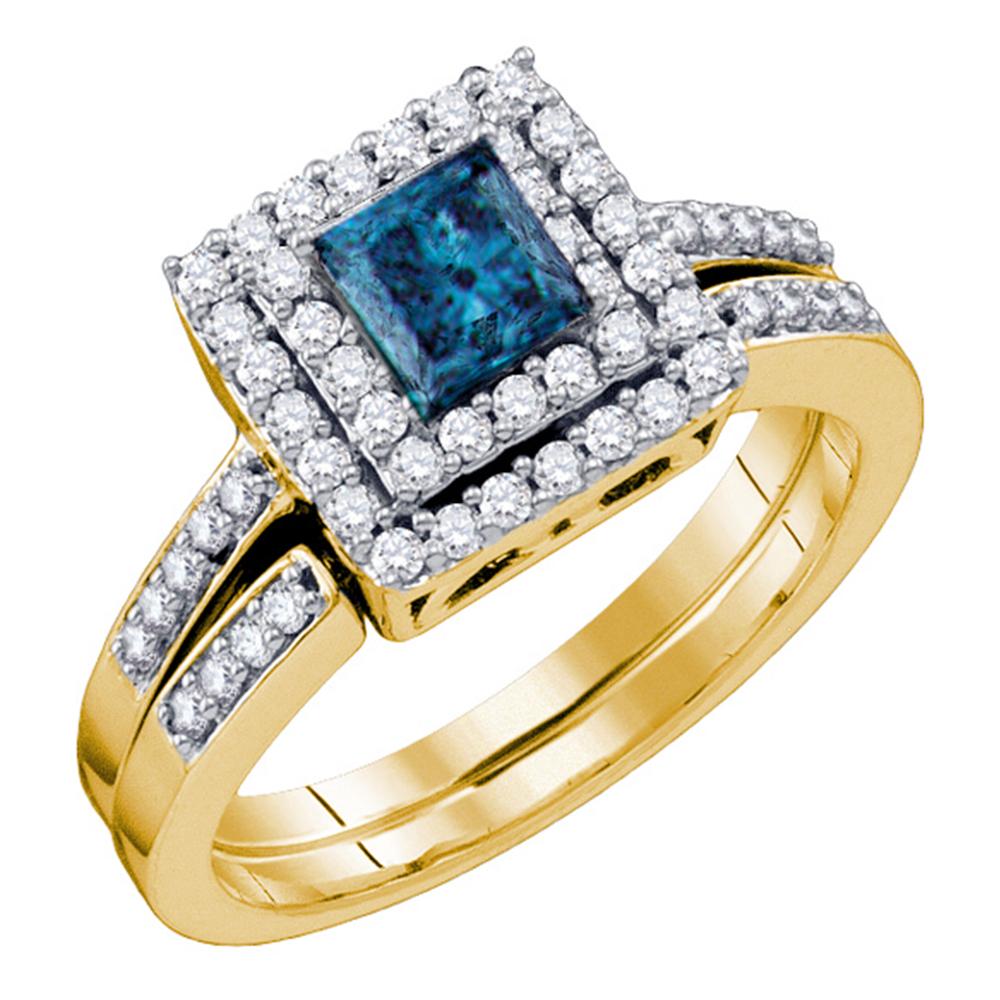 14kt Yellow Gold Womens Princess Blue Color Enhanced Diamond Square Halo Bridal Wedding Engagement Ring Band Set 7/8 Cttw