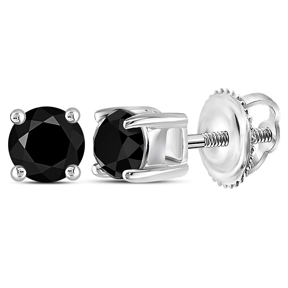 10kt White Gold Unisex Round Black Color Enhanced Diamond Solitaire Stud Earrings 1/2 Cttw