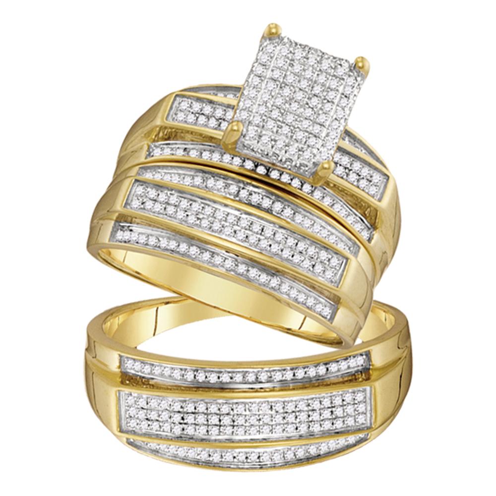 10kt Yellow Gold His & Hers Round Diamond Rectangle Cluster Matching Bridal Wedding Ring Band Set 5/8 Cttw