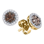 10k Yellow Gold Womens Cognac-brown Color Enhanced Diamond Flower Cluster Screwback Stud Earrings 1/4 Cttw