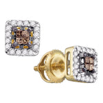 14k Yellow Gold Womens Cognac-brown Color Enhanced Princess Diamond Stud Square Screwback Earrings 1/3 Cttw