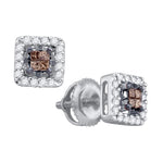 14k White Gold Womens Cognac-brown Color Enhanced Princess Diamond Stud Square Screwback Earrings 1/3 Cttw