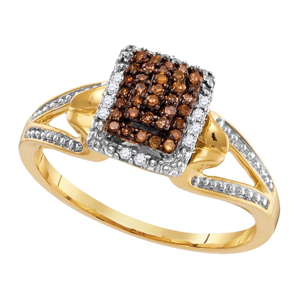 10kt Yellow Gold Womens Round Cognac-brown Color Enhanced Diamond Cluster Ring 1/6 Cttw