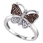 10k White Gold Womens Cognac-brown Color Enhanced Round Diamond Cluster Butterfly Bug Ring 1/5 Cttw