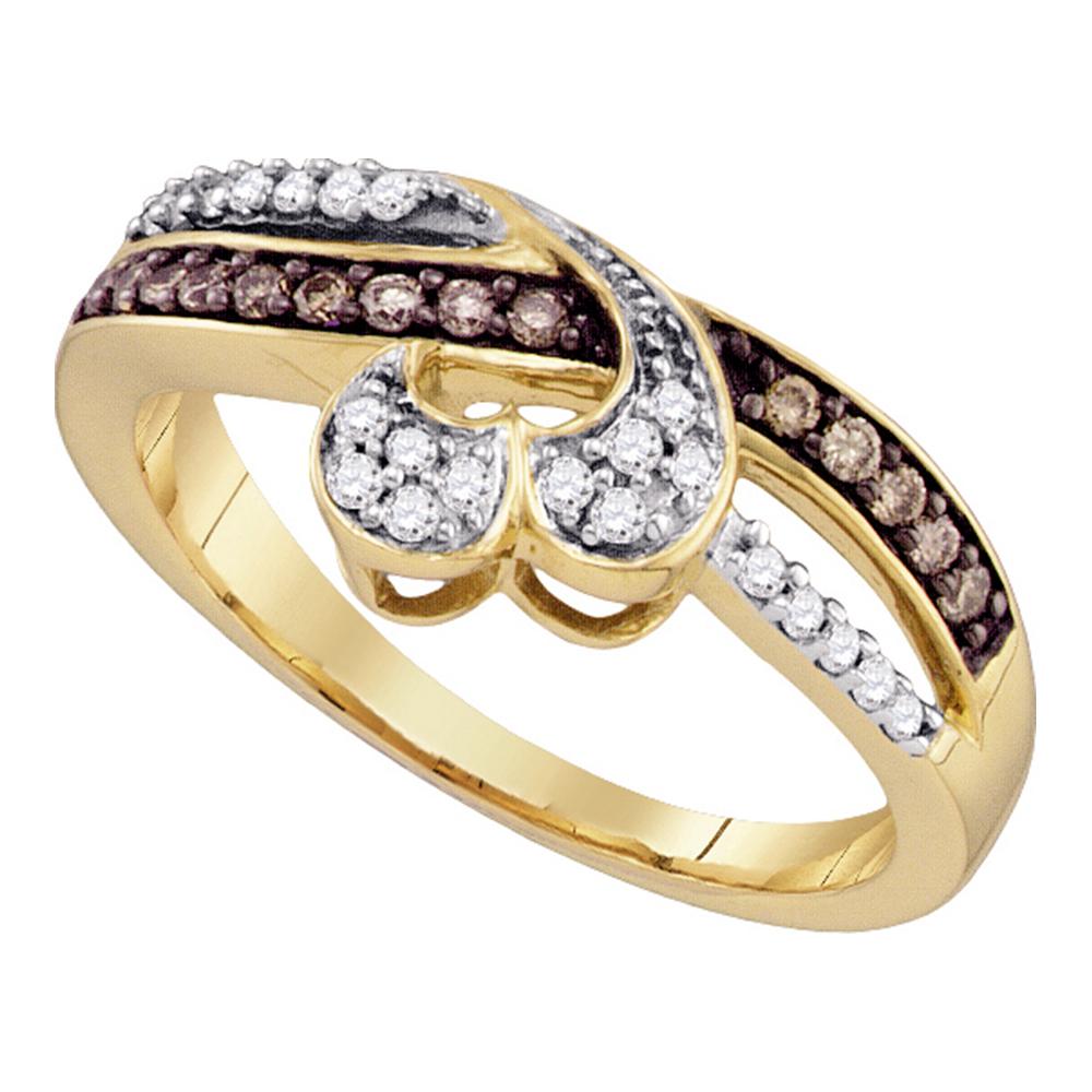 10kt Yellow Gold Womens Round Cognac-brown Color Enhanced Diamond Heart Love Ring 1/4 Cttw