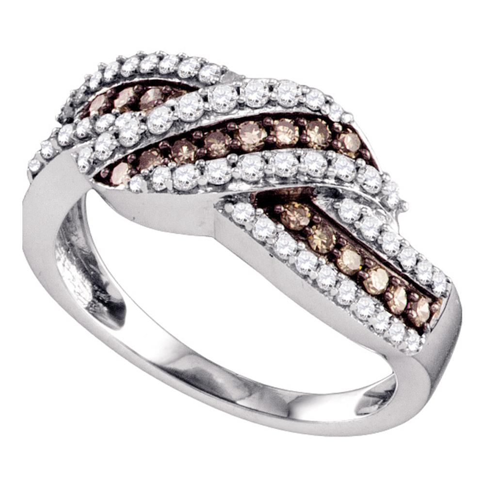 10kt White Gold Womens Round Cognac-brown Color Enhanced Diamond Crossover Band Ring 3/4 Cttw