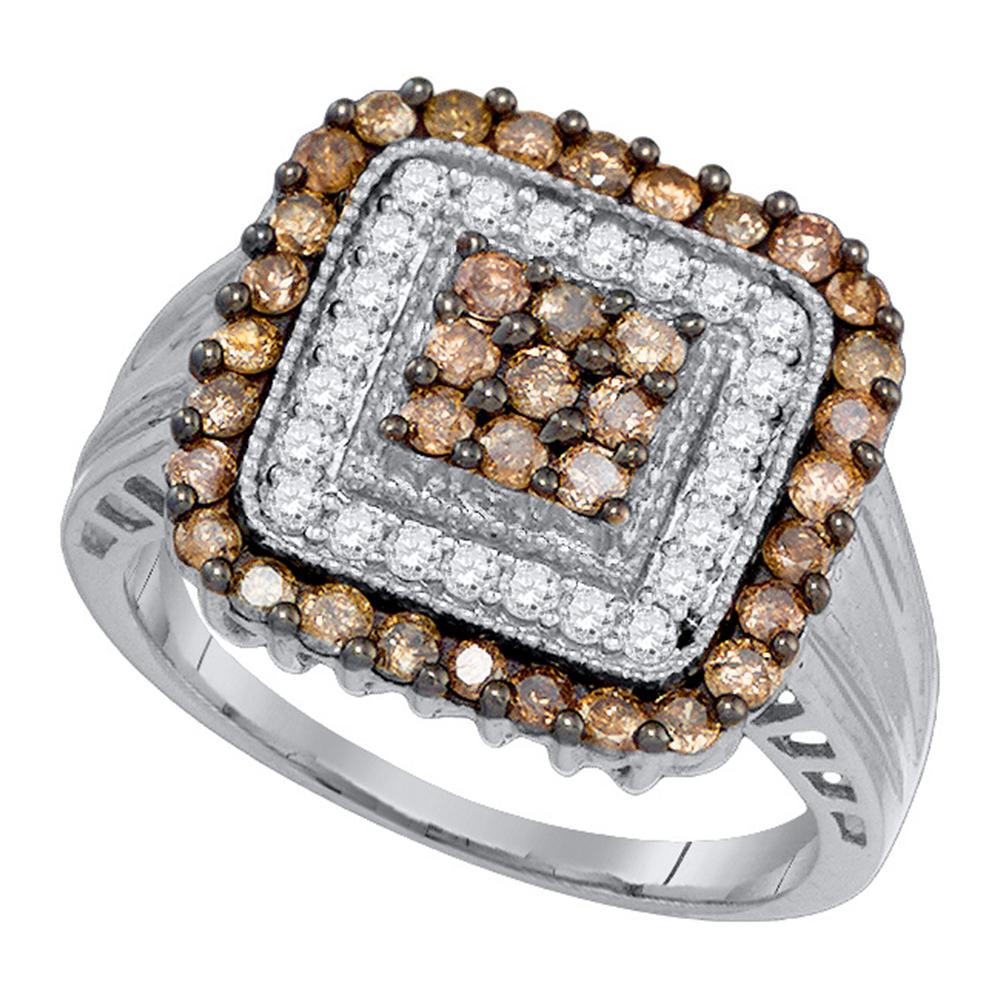 10kt White Gold Womens Round Cognac-brown Color Enhanced Diamond Square Cluster Ring 1.00 Cttw