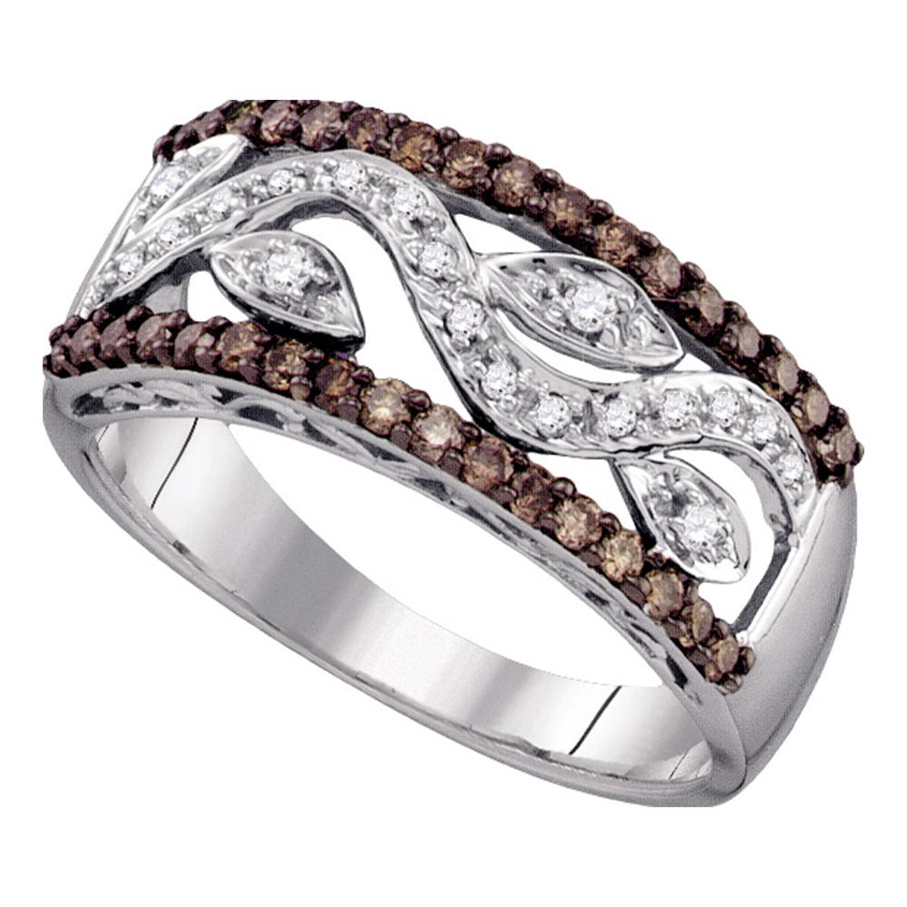 10kt White Gold Womens Round Cognac-brown Color Enhanced Diamond Floral Band Ring 3/8 Cttw