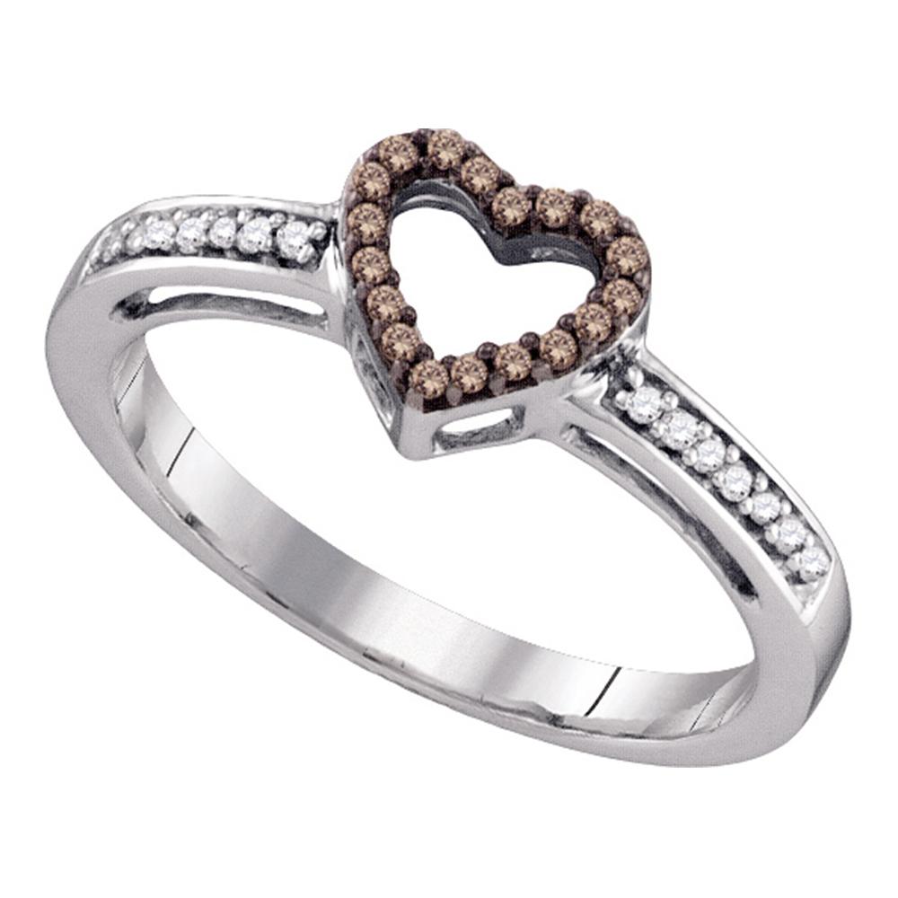 10kt White Gold Womens Round Cognac-brown Color Enhanced Diamond Simple Heart Ring 1/10 Cttw