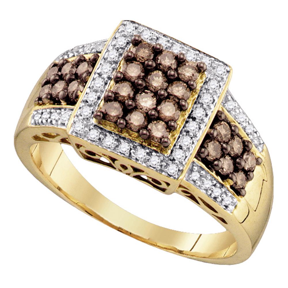 10kt Yellow Gold Womens Round Cognac-brown Color Enhanced Diamond Square Cluster Ring 5/8 Cttw