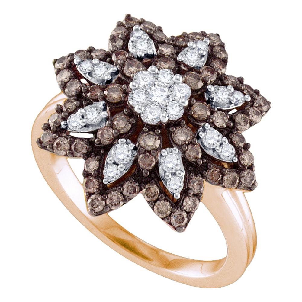 10kt Rose Gold Womens Round Cognac-brown Color Enhanced Diamond Flower Cluster Ring 1.00 Cttw