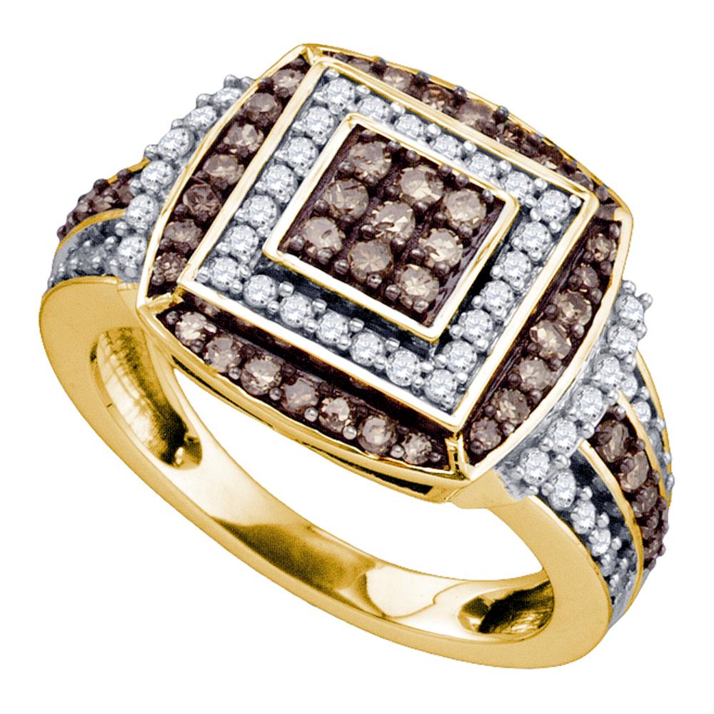 10kt Yellow Gold Womens Round Brown Color Enhanced Diamond Square Cluster Ring 1.00 Cttw