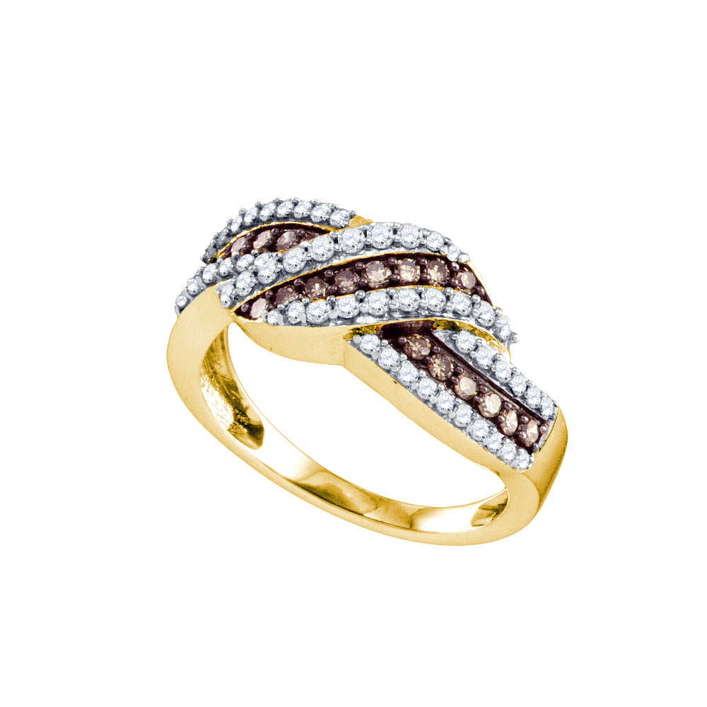10kt Yellow Gold Womens Round Cognac-brown Color Enhanced Diamond Crossover Band Ring 3/4 Cttw