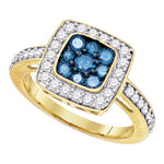10kt Yellow Gold Womens Round Blue Color Enhanced Diamond Square Frame Cluster Ring 1.00 Cttw