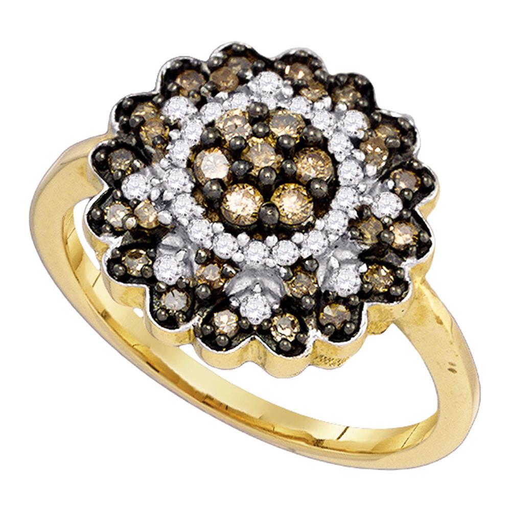 10kt Yellow Gold Womens Round Cognac-brown Color Enhanced Diamond Flower Cluster Ring 5/8 Cttw