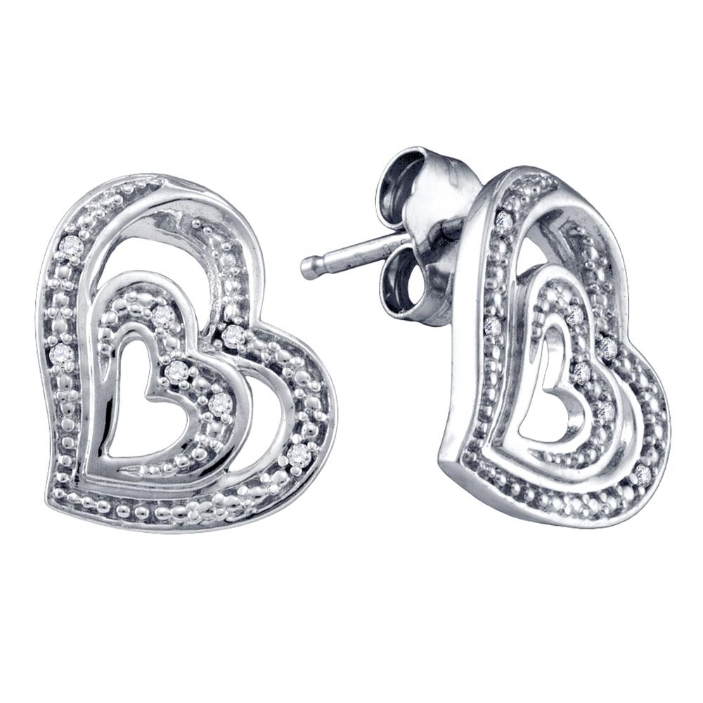 Sterling Silver Womens Round Diamond Heart Stud Earrings 1/20 Cttw