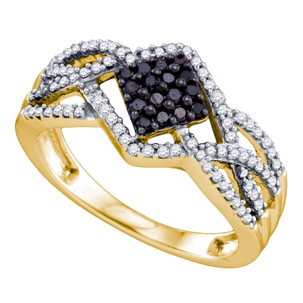 10kt Yellow Gold Womens Round Black Color Enhanced Diamond Square Cluster Ring 1/3 Cttw