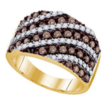 10kt Yellow Gold Womens Round Cognac-brown Color Enhanced Diamond Striped Band Ring 1-1/3 Cttw